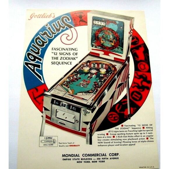 Aquarius Pinball Flyer Original NOS 1970 Art Zodiac Horoscope 8.5 x 11 Retro Mod - Picture 1 of 5